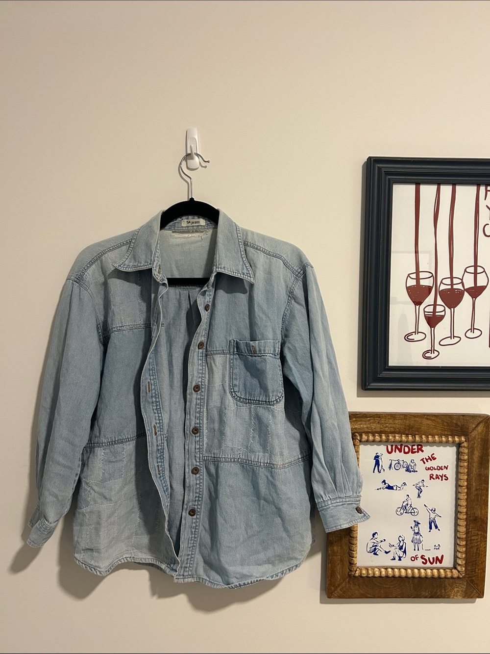Vintage Patchwork Light Blue Denim - Casual Button-Down